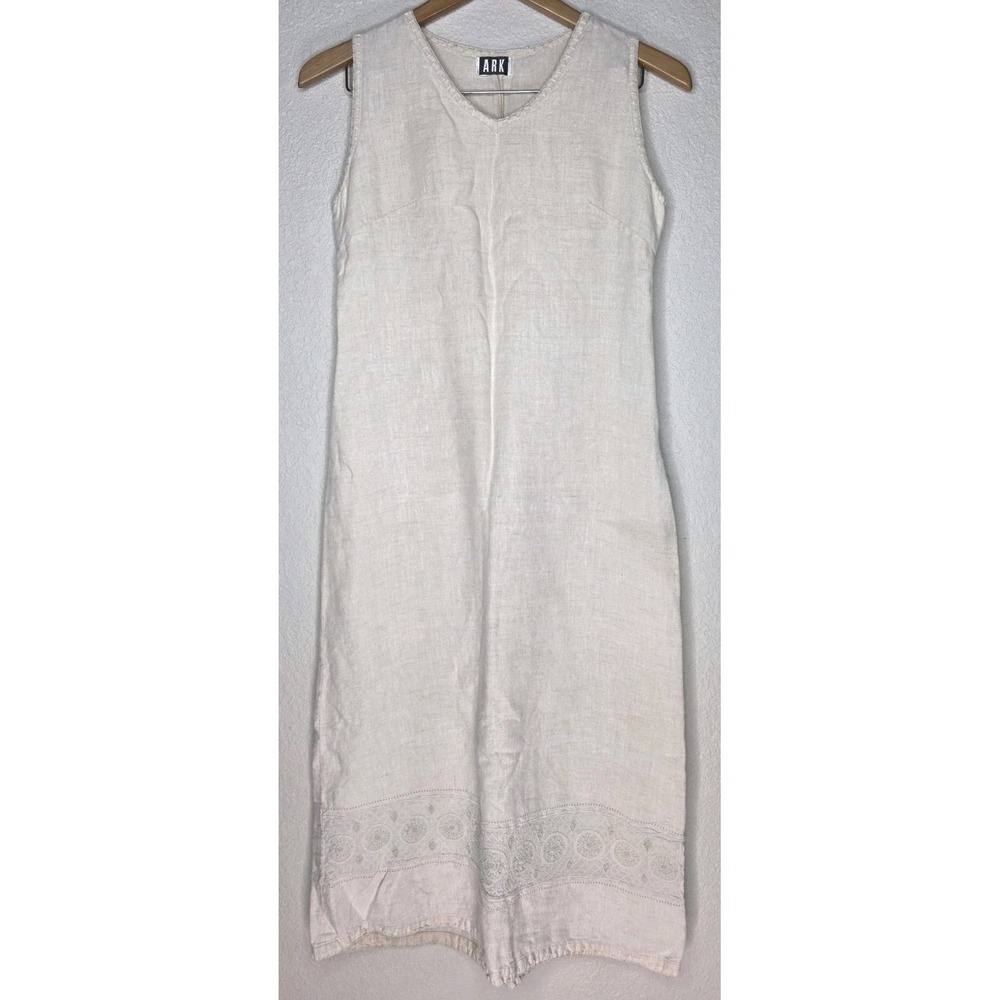 ARK Linen‎ Dress Sheath Embroidered Crochet Boho Granola Cottage Beach Woman
